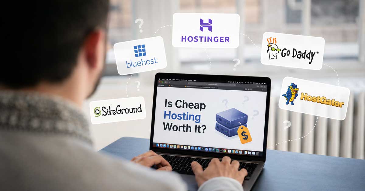 Person comparing web hosting providers on a laptop with hosting company logos floating around the screen to evaluate low-cost hosting options.