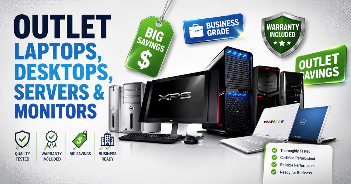Business laptops, desktops, servers and monitors with savings tags, warranty badges and business-grade labels promoting outlet computer deals