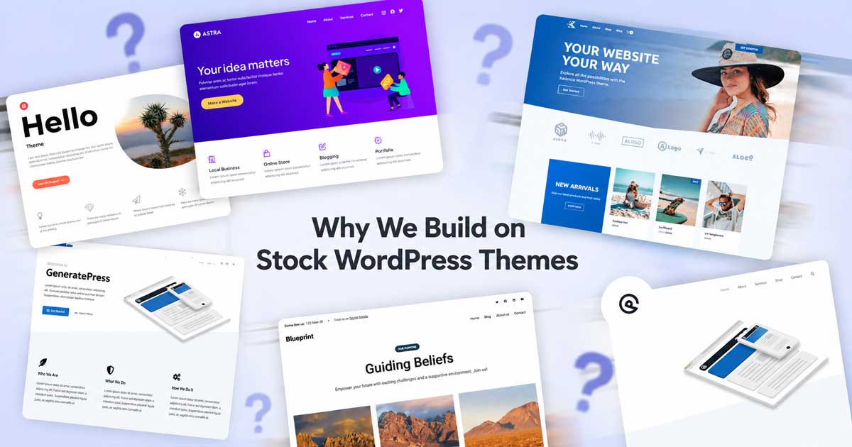 Multiple WordPress theme layouts floating and overlapping with question marks, representing the process of choosing a website theme.